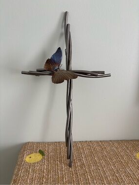Industrial Welded Woven Steel Cross Wall Art Butterfly Metal Sculpture Christian